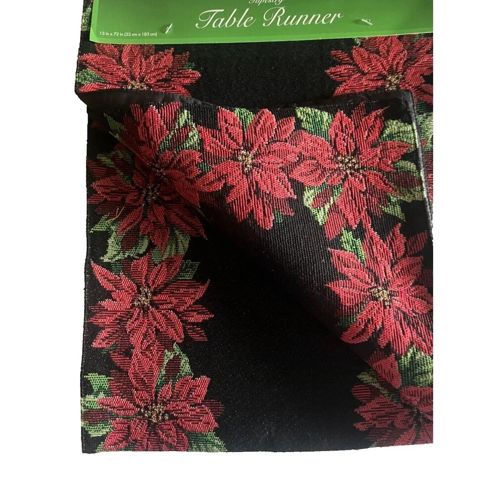 Christmas Poinsettia Table Runner Tapestry Satin Backed Winter Holiday 13x72